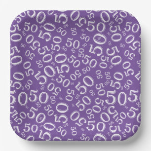 50th Purple/White Random Number Pattern Paper Plates