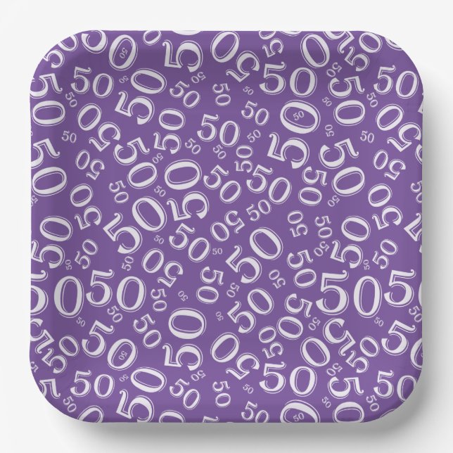 50th Purple/White  Random Number Pattern Paper Plates (Front)