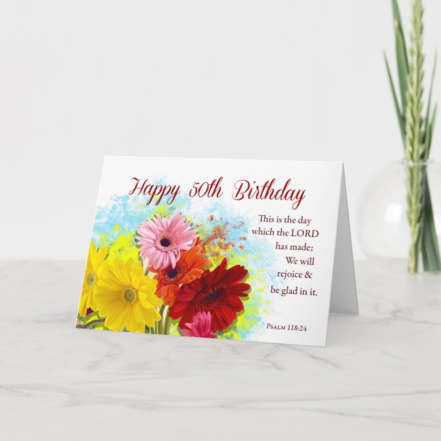 50th Religious Birthday, Gerbera Daises Flowers Card (Front)