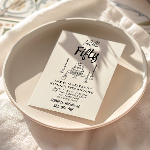 50th Retro Hand Drawn Cake Hello Fifty Birthday Invitation