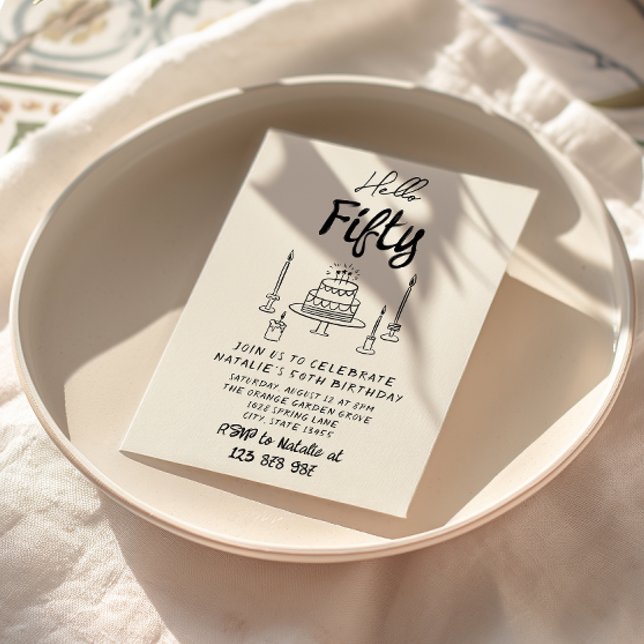 50th Retro Hand Drawn Cake Hello Fifty Birthday Invitation (Creator Uploaded)