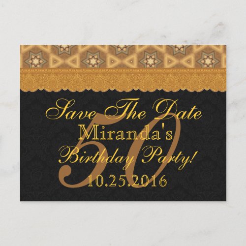 50th Save the Date Birthday Gold Black Lace v2 Announcement Postcard
