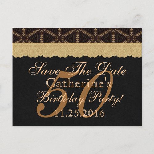50th Save the Date Birthday Pale Gold Lace Black 2 Announcement Postcard