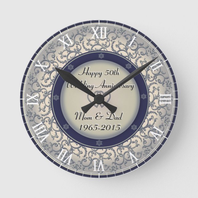 50th Silver Wedding Anniversary Round Clock (Front)