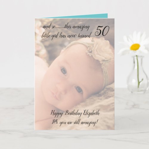 50th still amazing pink and blue birthday photo card