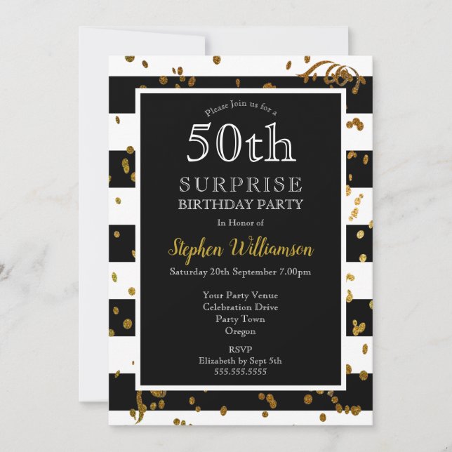 50th Surprise  Birthday  Black and White | Glitter Invitation (Front)