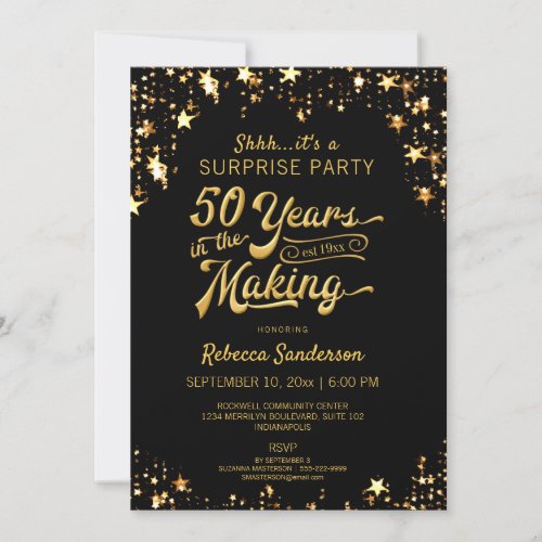 50th Surprise Birthday  Black  Gold Stars Invitation