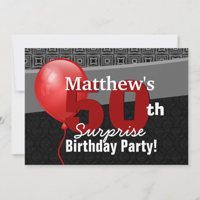 50th Surprise Birthday Black Red Balloon Y327 Invitation (Front)