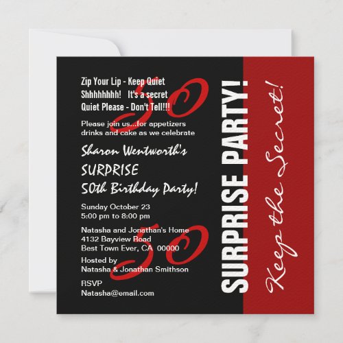 50th SURPRISE Birthday Black Red White Felt Paper Custom Announcements