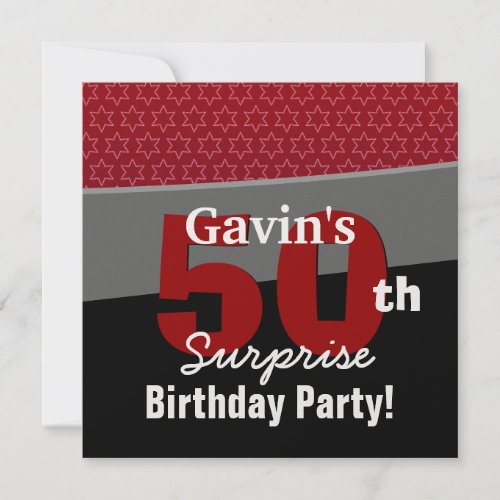 50th Surprise Birthday Black Red White Stars R231 Invitations