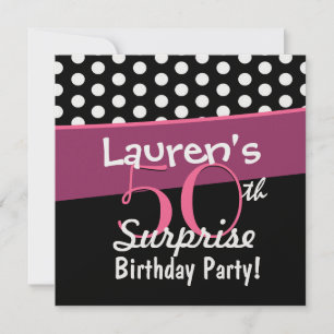 50th Surprise Birthday Black White Polka Dots Pink Invitation