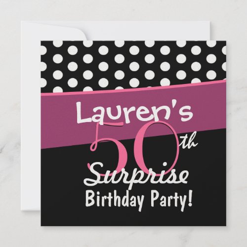50th Surprise Birthday Black White Polka Dots Pink Announcement