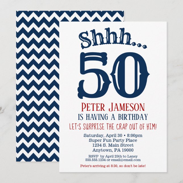 50th Surprise Birthday Invitation Mens Navy Blue (Front/Back)