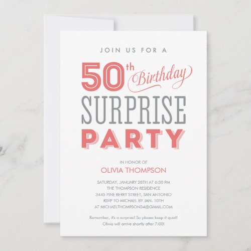 50th Surprise Birthday Invitations - 50th surprise birthday invitations with a fun pink, grey, and white design.  Personalize the wording for your 50th surprise party needs.