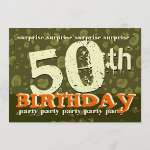50th SURPRISE Birthday Khaki Orange Cream Camo Invitation
