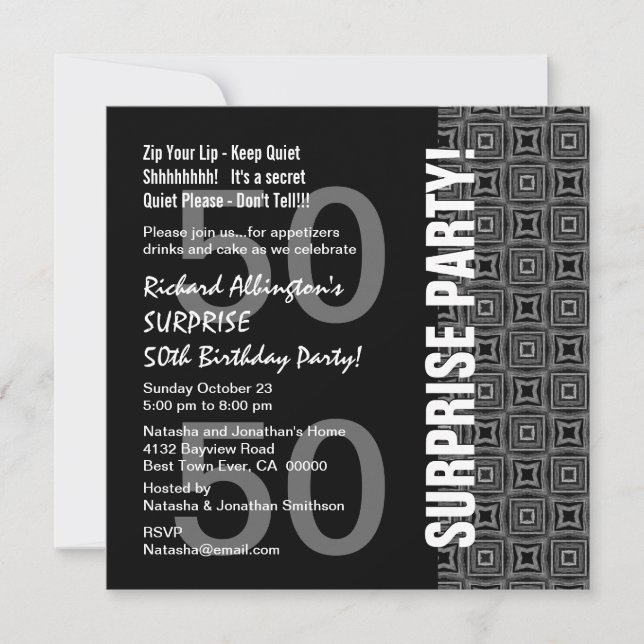 50th Surprise Birthday Modern Black White Gray Invitation (Front)