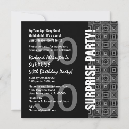 50th Surprise Birthday Modern Black White Gray Invitation