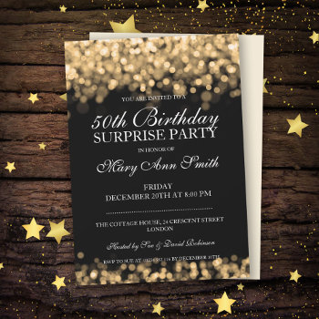 50th Surprise Birthday Party Gold Lights Invitation by Rewards4life at Zazzle
