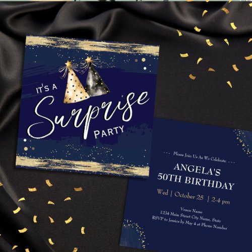 50th Surprise Birthday Party Modern Blue Gold Invitation