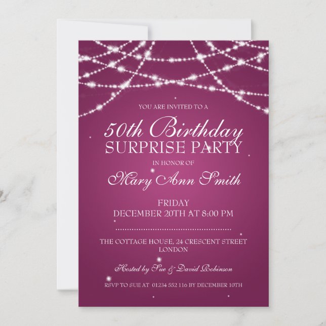50th Surprise Birthday Party String Stars Pink Invitation (Front)