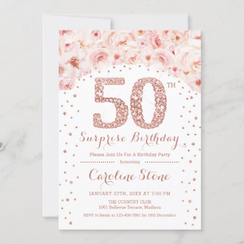 50th Surprise Birthday Party _ White Rose Gold Invitation