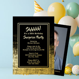 50th Surprise Birthday Photo on Back Black & Gold Foil Invitation