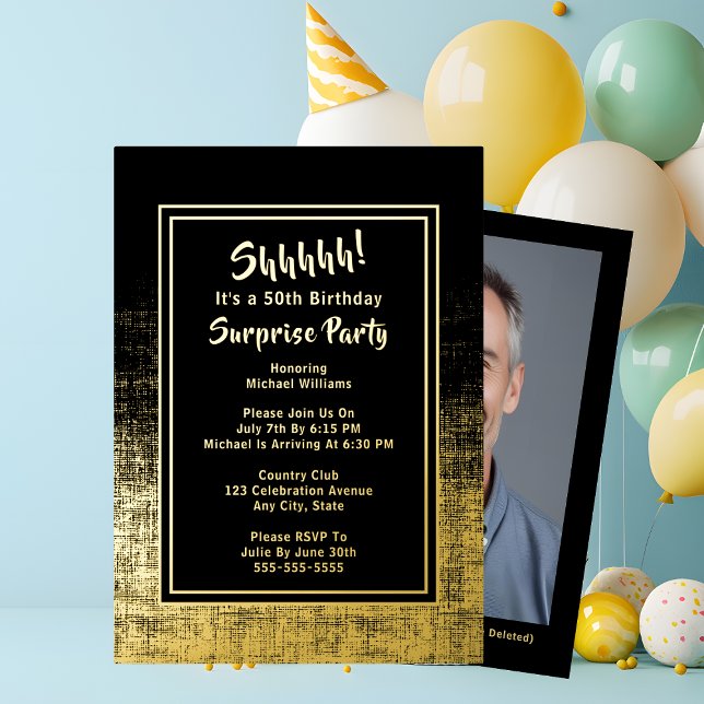 50th Surprise Birthday Photo on Back Black & Gold Foil Invitation (Creator Uploaded)