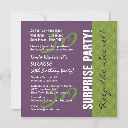 50th SURPRISE Birthday Purple and Green Pattern v2 Invites
