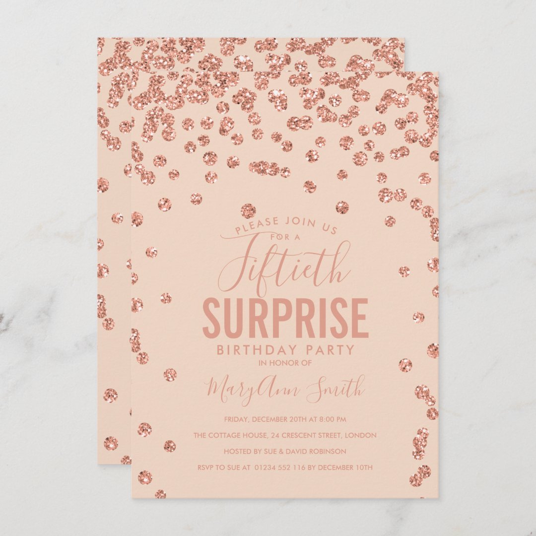 50th Surprise Birthday Rose Gold Blush Pink Invitation 