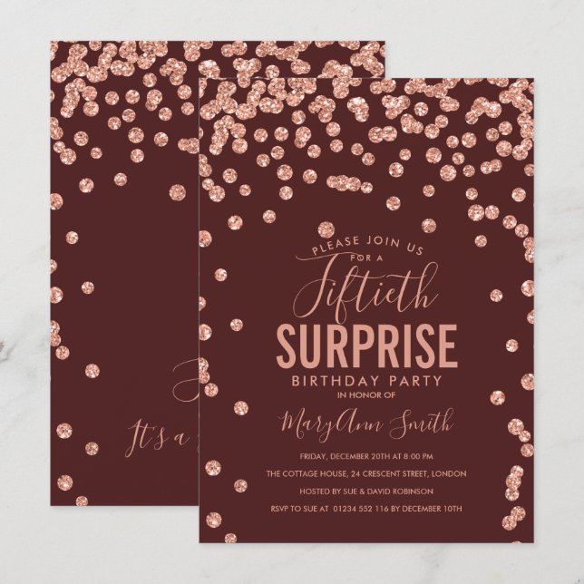 50th Surprise Birthday Rose Gold Burgundy Invitation (Front/Back)