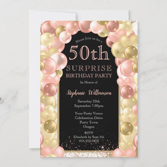 50th Surprise Birthday Rose Gold Foil Balloon Arch Invitation (Front)