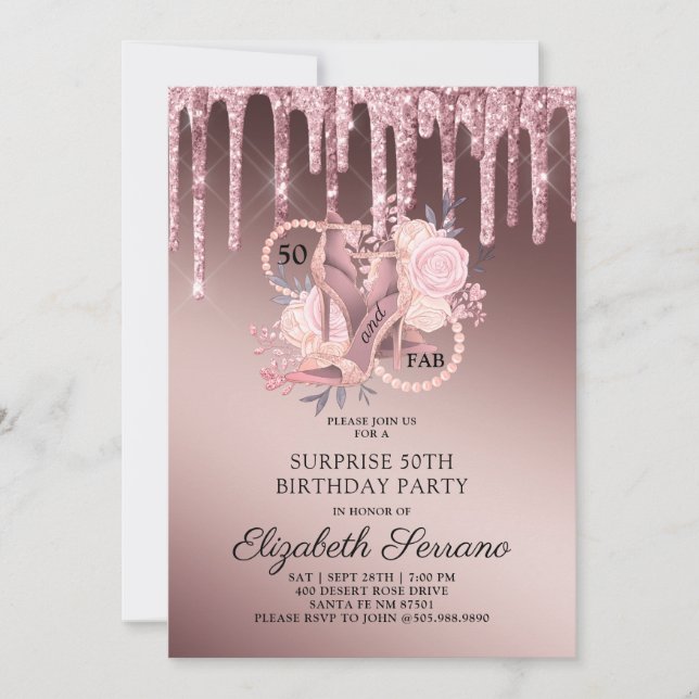 50th Surprise Birthday Rose Gold Glitter Drips Invitation (Front)