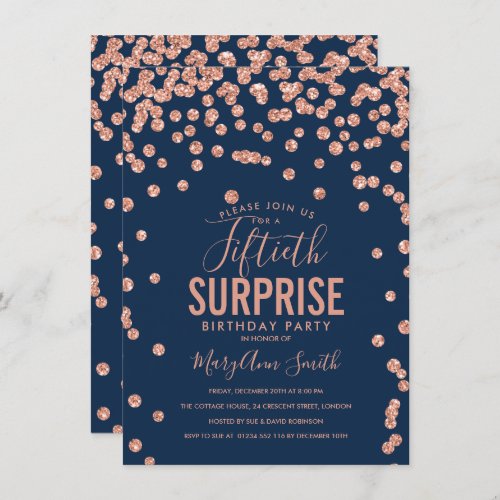 50th Surprise Birthday Rose Gold Navy Blue Invitation