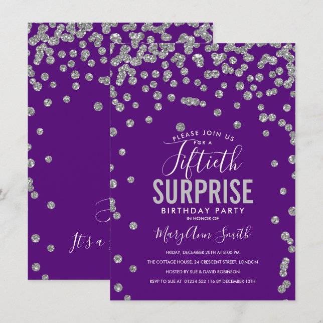 50th Surprise Birthday Silver Purple Invitation (Front/Back)