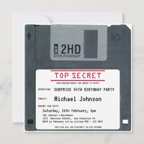 50th Surprise Birthday Top Secret Retro 80s Disk Invitation