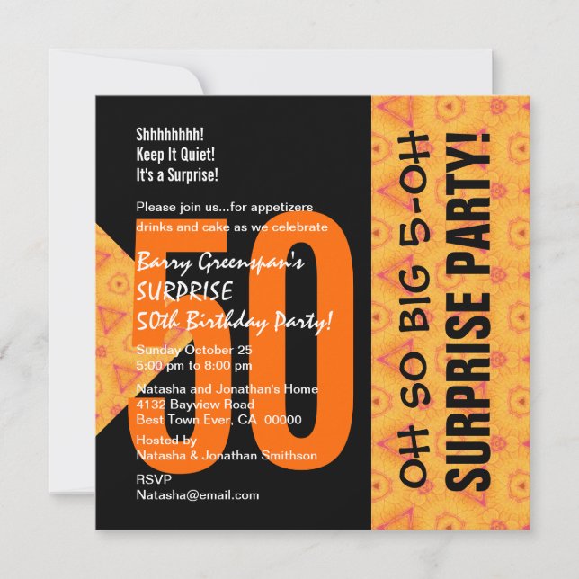 50th Surprise Diagonal Orange and Black V04 Invitation (Front)