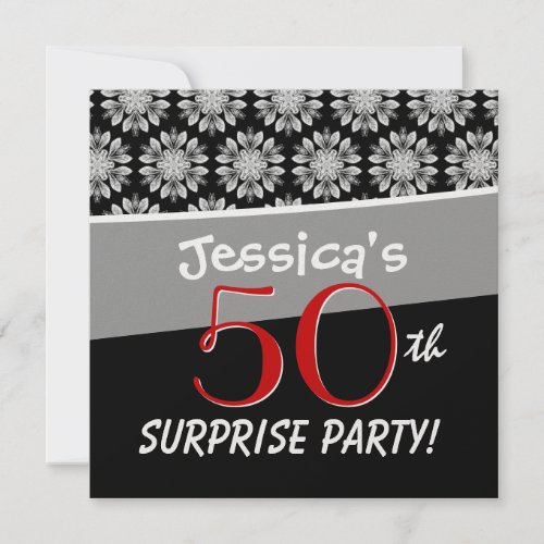 50th Surprise Party Black and White Flower Pattern Custom Invitation