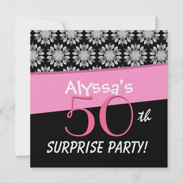 50th Surprise Party Black and White Flower Pattern Invitation (Front)