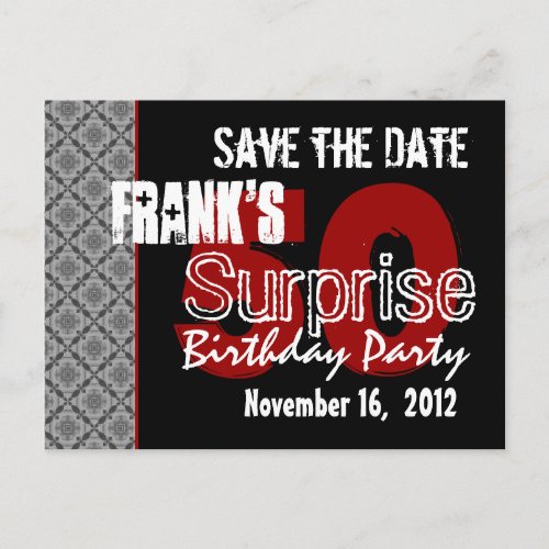 50th Surprise Party Silver Diagonal Geometric Announcement Postcard