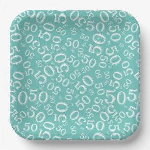 50th Teal/White  Random Number Pattern Paper Plate