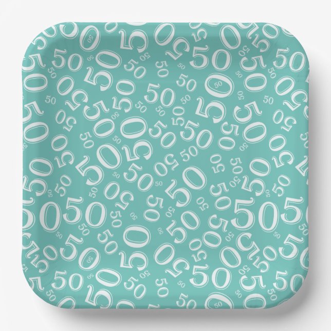 50th Teal/White  Random Number Pattern Paper Plate (Front)