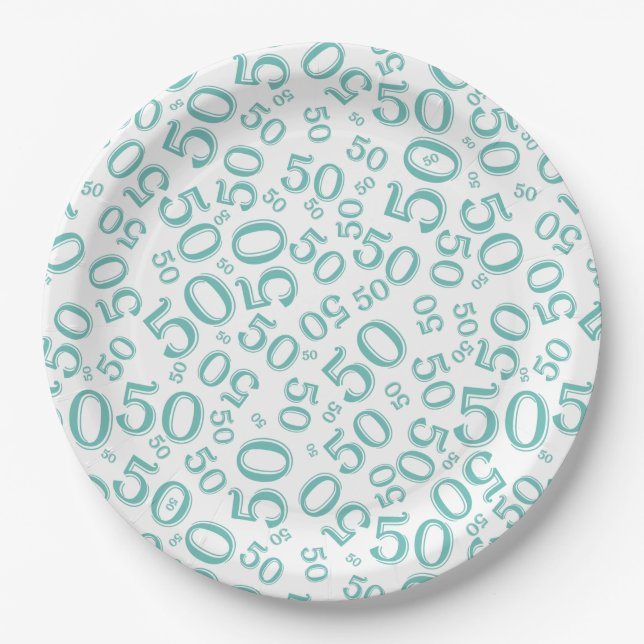 50th Teal/White  Random Number Pattern Paper Plates (Front)