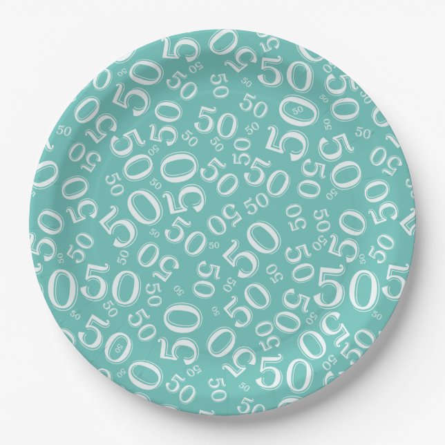 50th Teal/White  Random Number Pattern Paper Plates (Front)