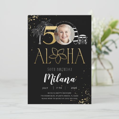 50th Tropical Birthday Gold Invitation with Photo