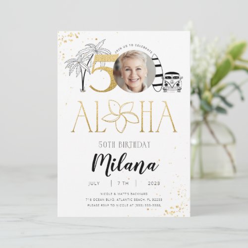 50th Tropical Birthday Gold Invitation with Photo