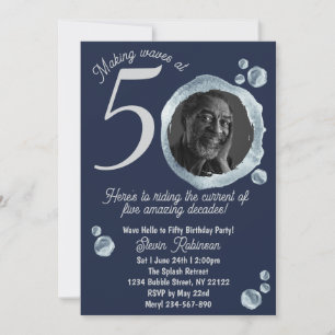 50th Twilight Blue Bubble Birthday Party Photo Invitation