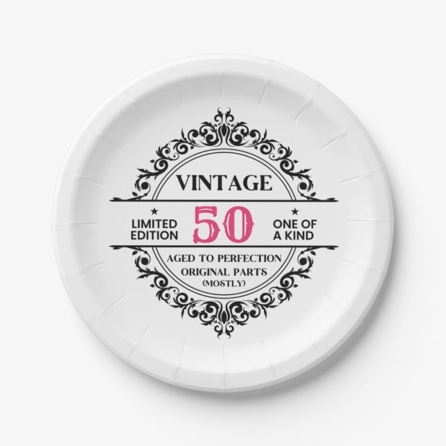 50th Vintage Black Pink Funny Birthday  Paper Plates (Front)