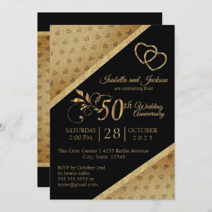 50th Vintage Gold Heart Anniversary Design Invitation