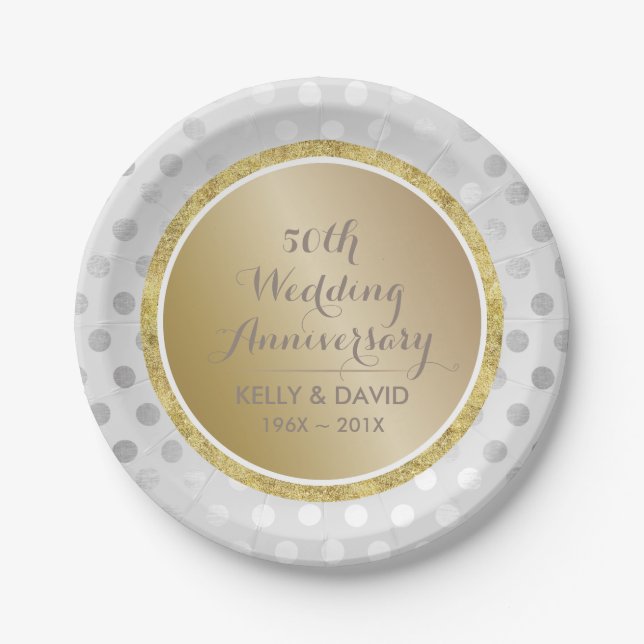 50th Wedding Anniverary Modern Gold & Silver Paper Plates (Front)