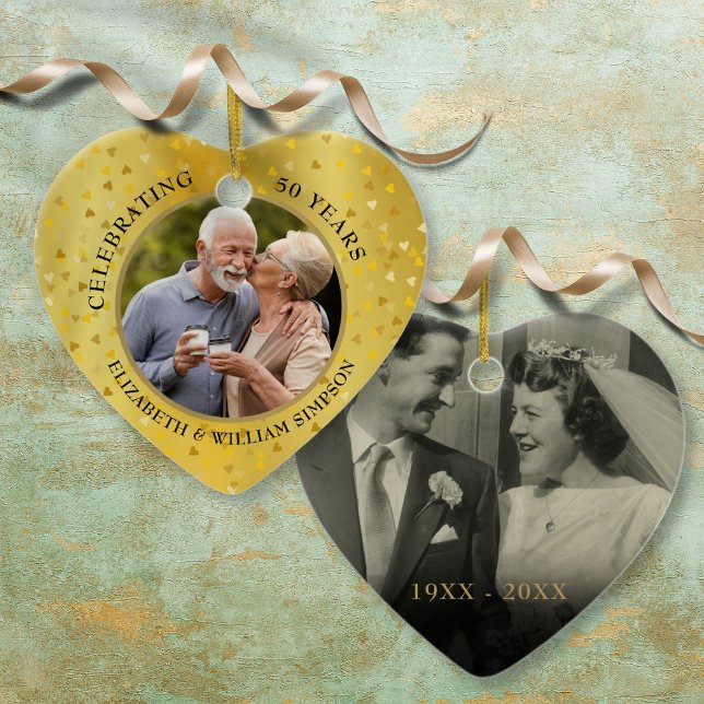 50th Wedding Anniversary 2 Photo Golden Hearts Ceramic Ornament (50th Wedding Anniversary 2 Photo Golden Hearts Ceramic Ornament)